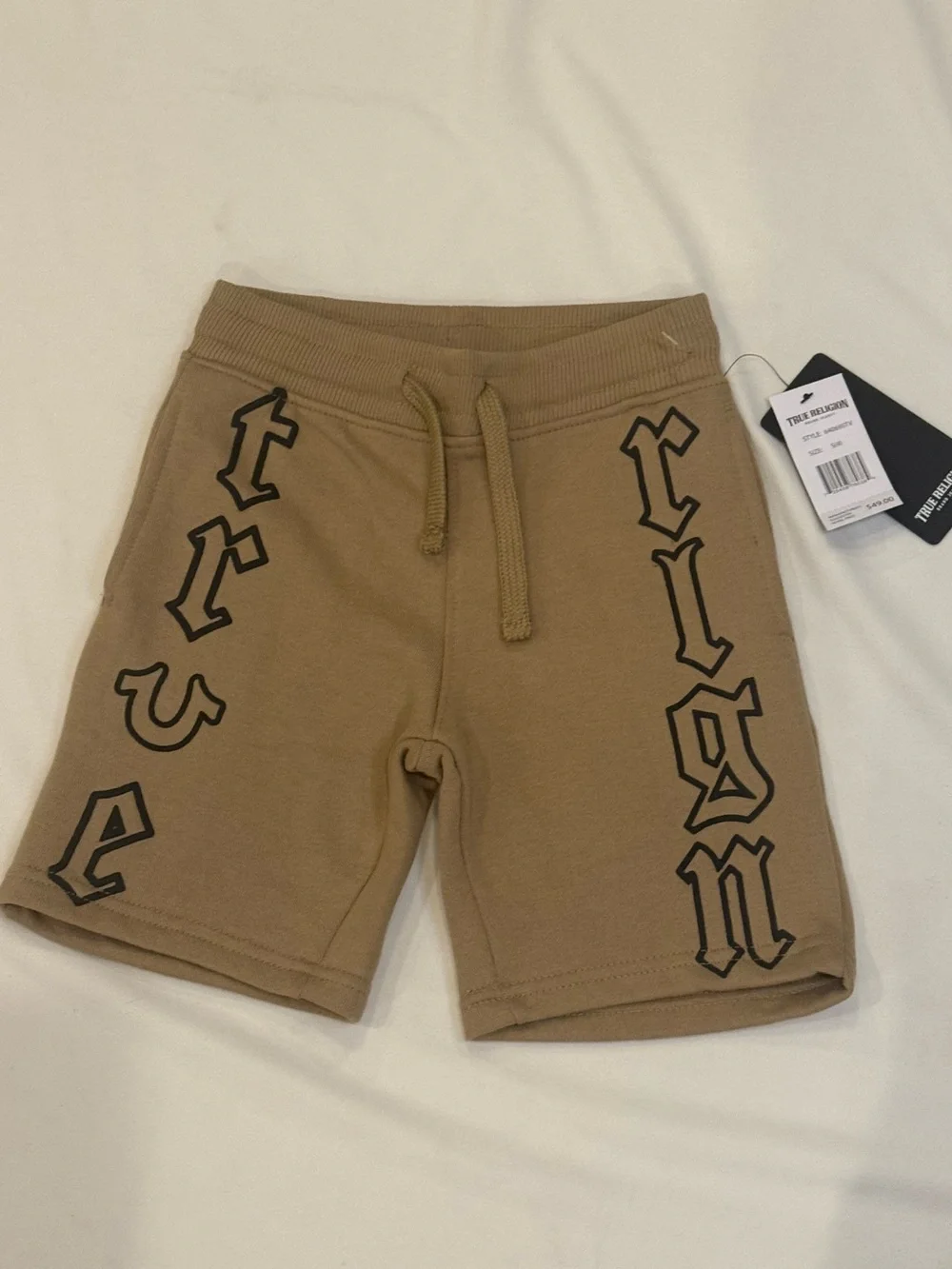 True Religion Boys Old English Logo Fleece Shorts Khaki Tan NWT Size 4 Small